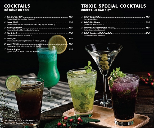 menu đồ uống tại trixie